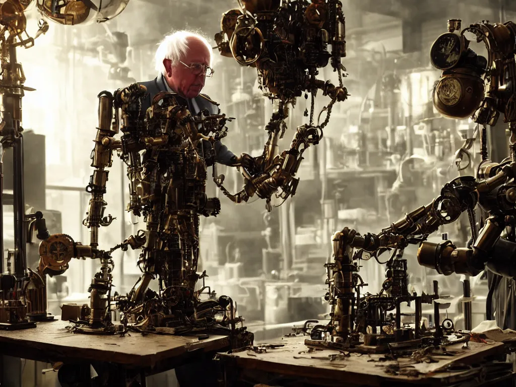 Image similar to bernie sanders building a steampunk clockwork doomsday robot, cinematic moody lighting, sharp focus, dirty laboratory, imax