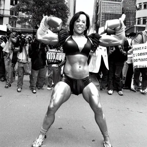 Image similar to Kamala Harris on steroids, 1990s street performer