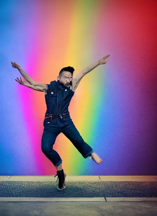 Image similar to japanese man with short hair and a beard wearing denim and leather clothes dancing next to a rainbow, full body portrait, dynamic lighting