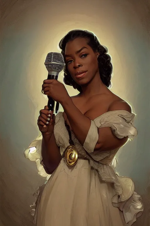 Image similar to beautiful cottagecore audreh winfrey holding a microphone. intricate, elegant. highly detailed, digital painting, artstation, concept art, smooth, sharp, focus, illustration. . art by artgerm and greg rutkowski and alphonse mucha