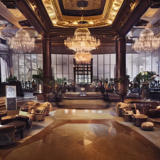 Image similar to upscale mysterious private auction, unnameable relics on display, moody lighting, extravagant details, lobby in the distance, elite