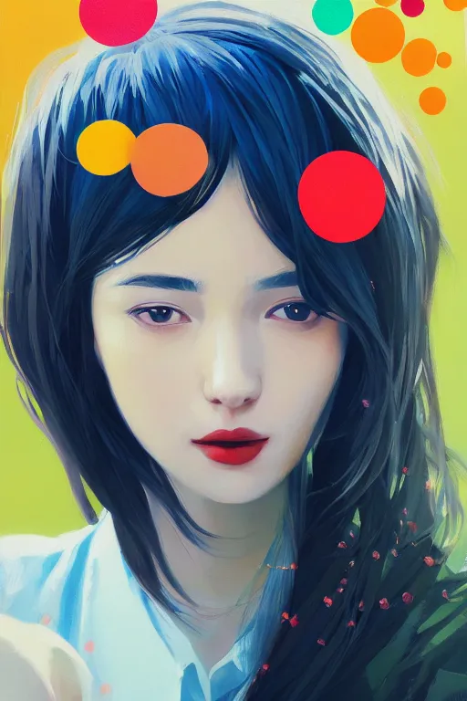 Prompt: A ultradetailed beautiful panting of a stylish woman looking at the camera, she has colorful stickers on her face, bright sunny day, Oil painting, by Ilya Kuvshinov, Greg Rutkowski and Makoto Shinkai