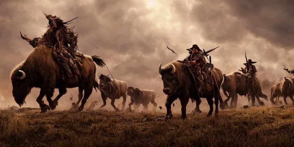 Image similar to wood punk, motorized indians attacking bisons, action scene, an epic western, dramatic lighting, cinematic, establishing shot, extremely high detail, photorealistic, cinematic lighting, artstation, octane render, old photo, buffalo hunt movie, alpha movie, western, ultra sharp, clean symmetrical faces, high detail, intricate,hypermaximalist,hyper realism