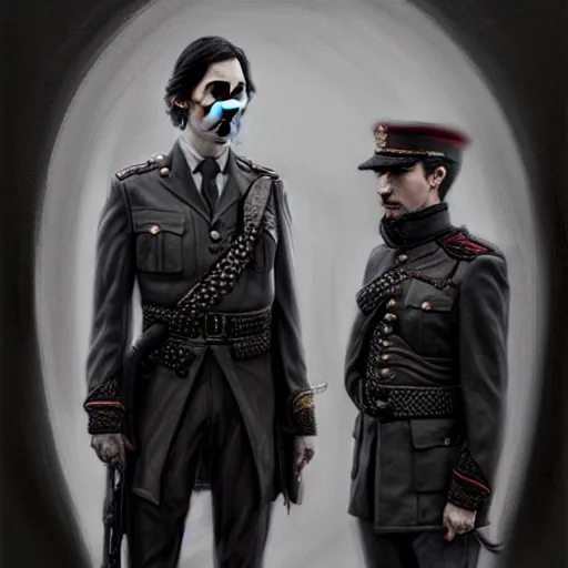 Image similar to a portrait of john oliver standing next to adam driver, stoic, military uniform, fantasy, intricate, elegant, beautiful, highly detailed, charcoal, centered, dark, smokey, digital painting, artstation, concept art, smooth, sharp focus, illustration, art by samma van klaarbergen - h 7 0 4