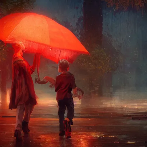 Image similar to ( ( ( red sky with an umbrella ) ) ) by daniel f. gerhartz and matt stewart, fantasy, photorealistic, octane render, unreal engine, dynamic lighting, perfect factions, very detailed faces, trending on artstation, poster, volumetric lighting, 4 k, award winning