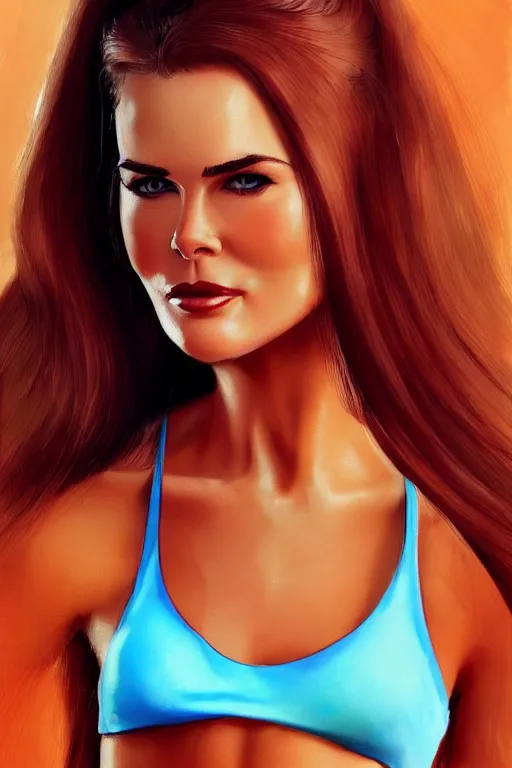 Prompt: mix of beautiful young maria shriver, mariel hemmingway, brooke shields, nicole kidman and elle macpherson as a young bikini model, thin lips, hair tied up in a pony tail, dark blonde hair, colorful, artstation, cgsociety