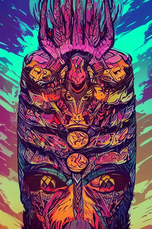 Image similar to totem animal tribal chaman vodoo mask feather gemstone plant wood rock video game illustration vivid color borderlands by josan gonzales and dan mumford radiating a glowing aura