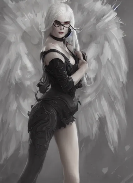 Image similar to a highly detailed illustration of white haired pale lady wearing big black blindfold, dramatic standing pose, intricate, elegant, highly detailed, centered, digital painting, artstation, concept art, smooth, sharp focus, league of legends concept art, wlop