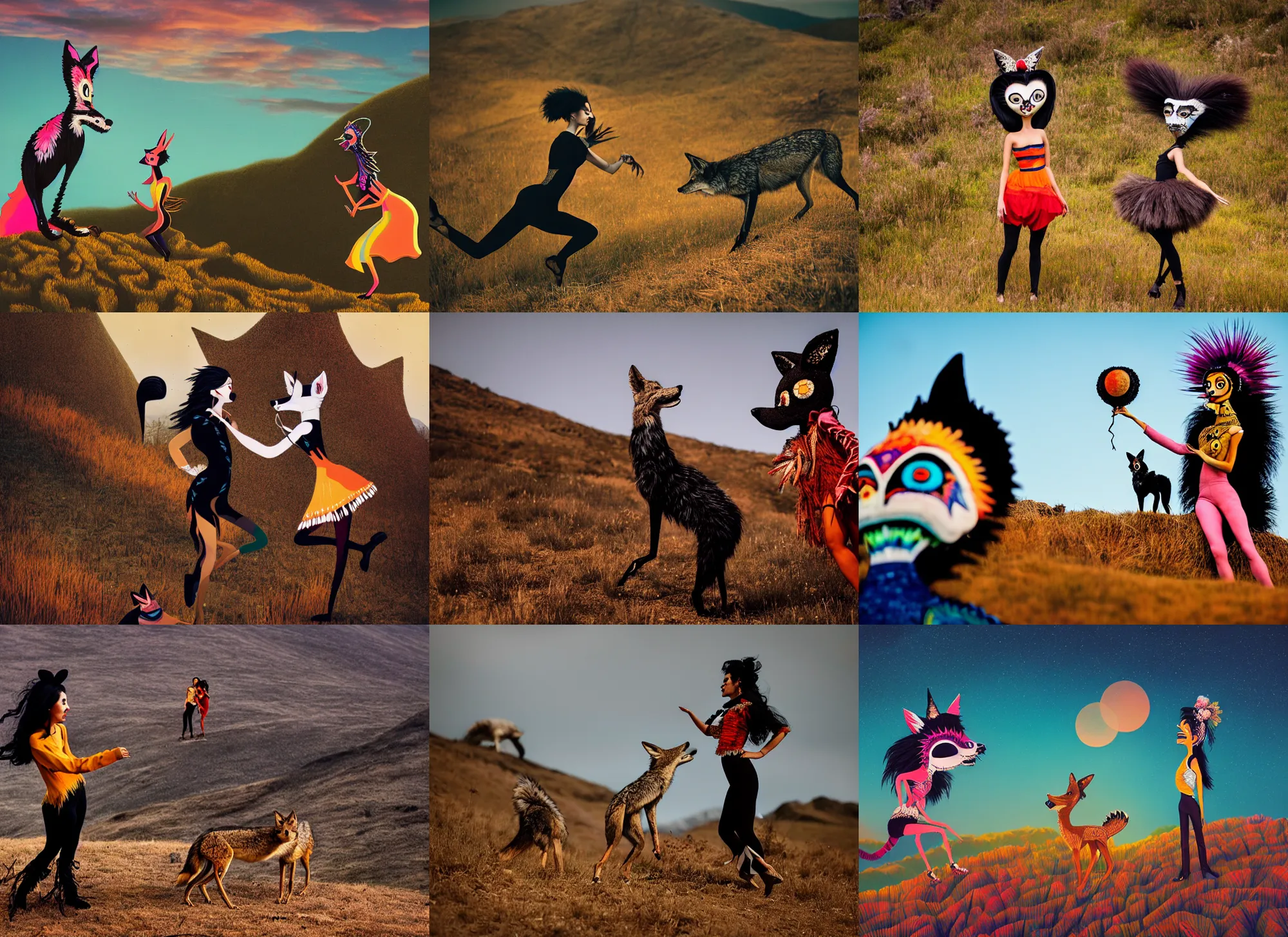 Prompt: a young black haired woman talking with an intelligent coyote on the top of a hill. dance photography, dynamic dance photography, alebrijes aesthetic, gary baseman, dan mumford, pedro correa, jon macnair, portrait photography, closeup, intricate detailed, looking straight into camera