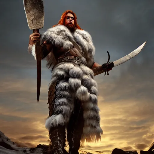 Image similar to a dnd barbarian half frost giant wearing a fur coat, shoulder armor and holding an axe, high resolution film still, 4k, HDR color