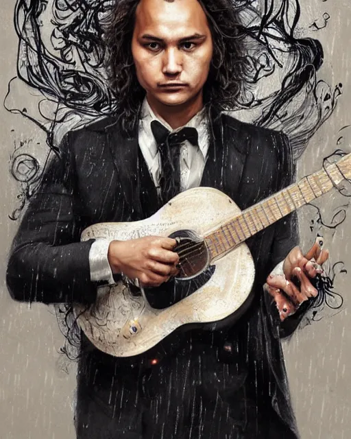 Prompt: a highly detailed portrait of Frank Dillane holding a guitar radiating a powerful energy aura, ornate black tuxedo, wispy tendrils of smoke, intricate, digital painting, old english, raining, sepia, particles floating, whimsical background by marc simonetti, artwork by liam wong