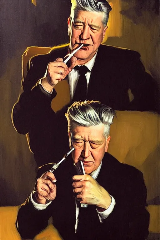 Image similar to david lynch smoking cigarette, lit by cigarette, billowing smoke, dark orange glow, painting by jc leyendecker!! phil hale!, lynchian!!!! ominious, dark lighting, angular, brush strokes, painterly, vintage, crisp