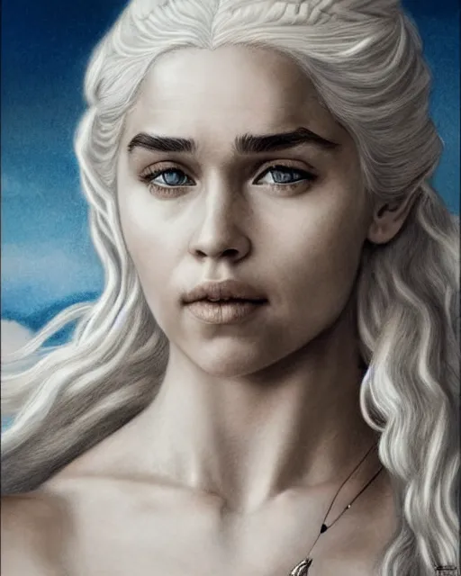 Image similar to pencil drawing of beautiful daenerys targaryen as greek goddess aphrodite with arrowhead jewelry, beautiful piercing eyes, beautiful blonde hair flying in the wind, hyper realistic face, in the style of greg rutkowski, fantasy, amazing detail, epic, elegant, smooth, sharp focus, from the front