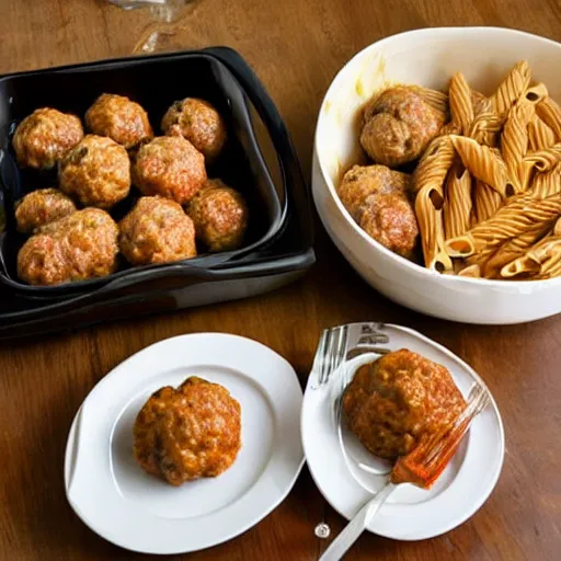 Prompt: pasta and meatballs shaped into a living room set