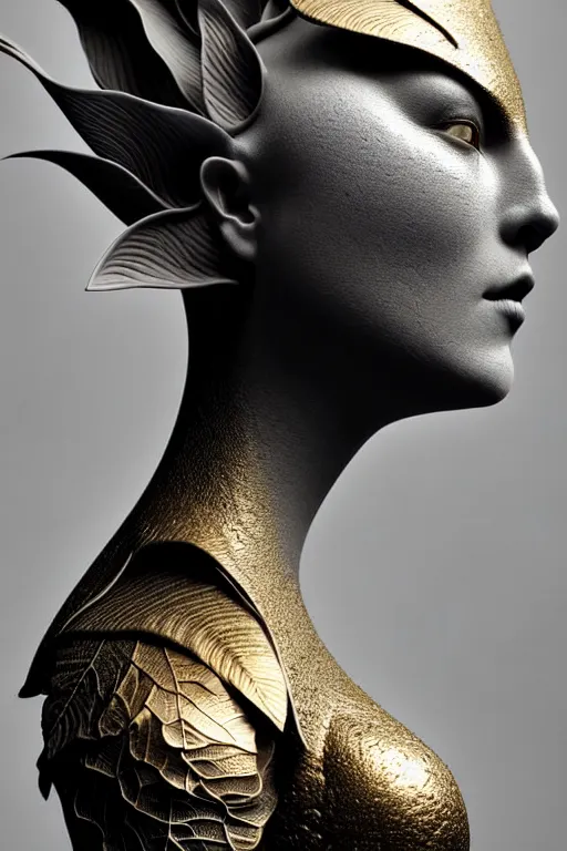 Prompt: bw close - up profile face, black background, beautiful young porcelain vegetal - dragon - cyborg - female, 1 5 0 mm, beautiful natural soft rim light, silver gold details, magnolia leaves and stems, roots, mandelbot fractal, elegant, ultra detailed, white metallic armour, octane render, dora maar