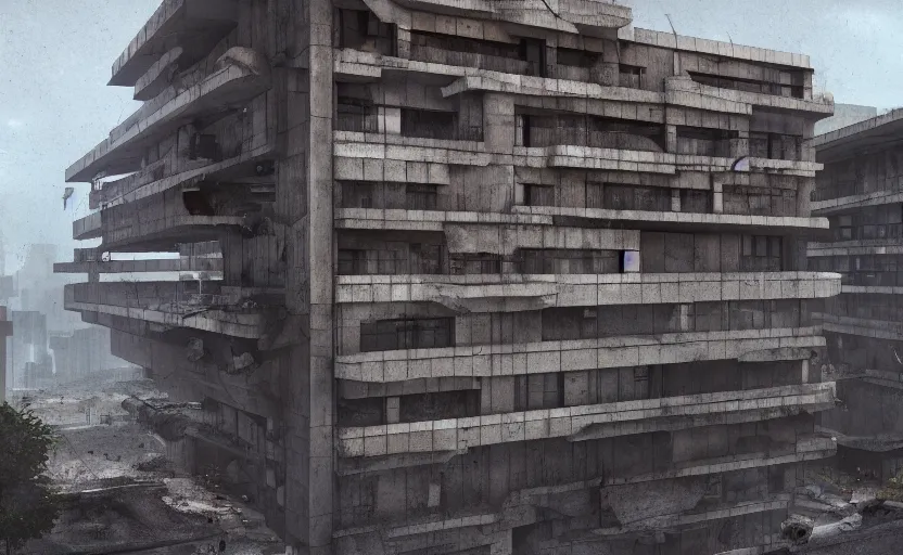 Image similar to Brutalist architecture buildings, unreal engine, artstation trending, horror scene, highly detailded