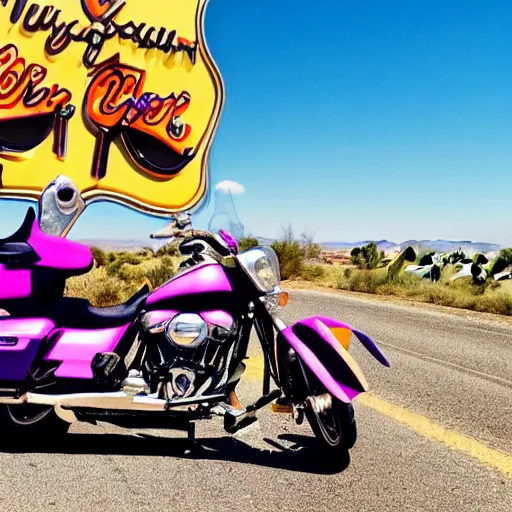 Prompt: purple cow wearing yellow sunglasses, riding an harley davidson on route 6 6, cactus on background