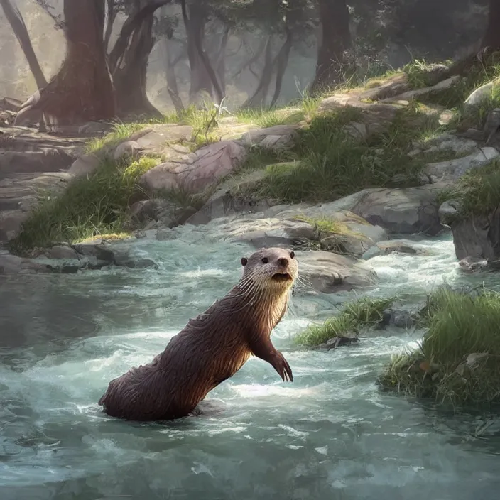 Image similar to a painting of a cute otter at a river. character design by cory loftis, fenghua zhong, ryohei hase, ismail inceoglu and ruan jia. volumetric light, detailed, rendered in octane