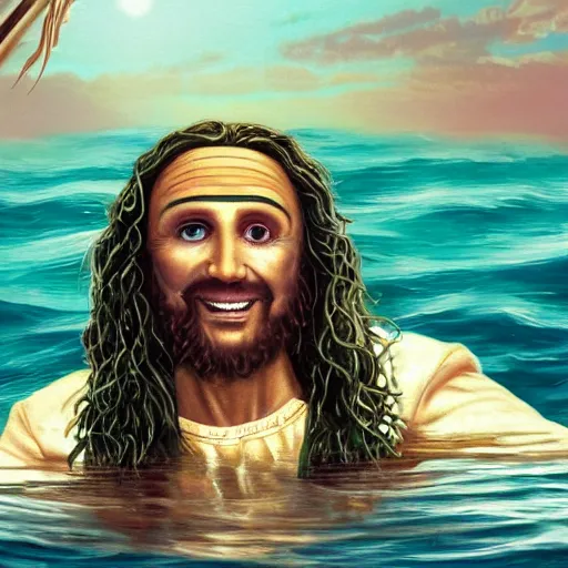 Image similar to old gregg sitting with jesus christ on a boat asking if he loves him, highly detailed, modern