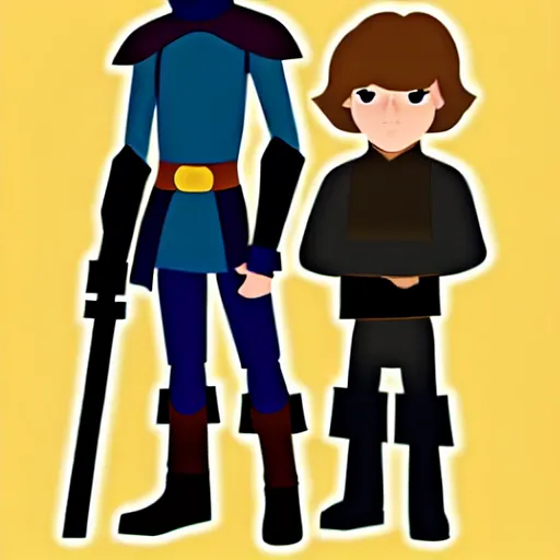 Image similar to cartoon of anakin skywalker and luke skywalker standing proudly shoulder to shoulder