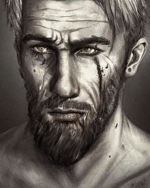 Image similar to portrait of muscular, tired and alcoholic 3 0 - year - old grieving man with short darkblonde hair, serious sad look in his eyes, looking down, dirty beard, blue eyes, crying tears, wearing dirty soldier uniform, on the desert, sad atmosphere, hyper realistic face, character art, art by artgerm, cryengine, trending on artstation, digital art