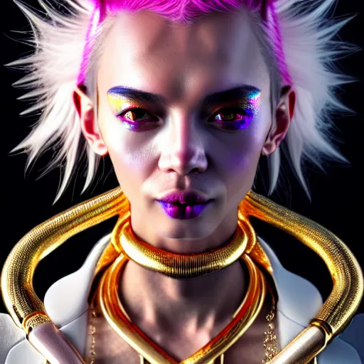 Image similar to hyperdetailed close portrait of a stunningly beautiful cyberpunk venus girl androgynous wizard made of iridescent metals and shiny pink gems, bright rainbow nimbus, gold necklace, gold background inspired by ross tran and masamune shirow and kuvshinov, concept art, intricate, photorealistic, octane render, rtx, hdr, unreal engine, dnd digital art by artgerm
