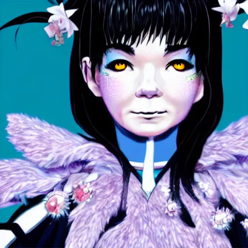 Image similar to Bjork as an anime character, 8k, high definition, highly detailed