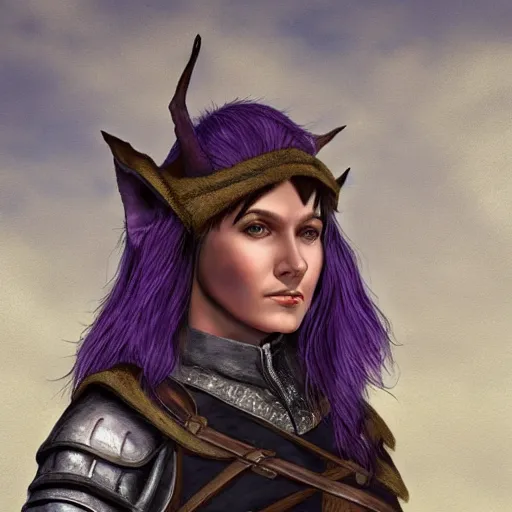 Prompt: anya charlota as a medieval fantasy tolkien elf, dark purplish hair tucked behind ears, wearing leather with a fur lined collar, wide, muscular build, scar across the nose, one black, scaled arm, cinematic, character art, digital art, realistic. 8 k, detailed.