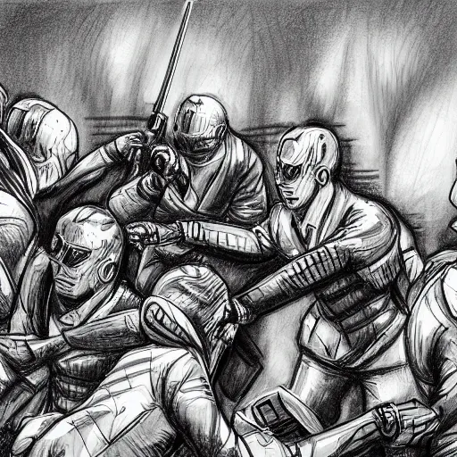 Image similar to highly detailed realistic sketch of UN members in suits yelling at a cyborg samurai, killing each-other , bloody , fear and anger in their eyes, colored , award winning , masterpiece on a scroll , post-processing