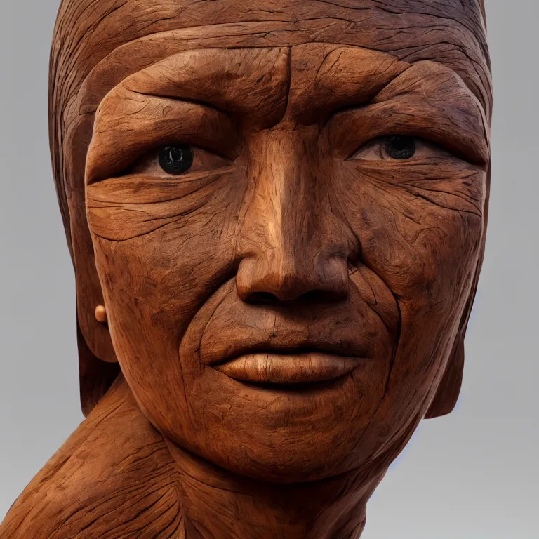 Image similar to public sculpture minimalist bust portrait of a powerful navajo woman, beautiful symmetrical face accurate face detailed face realistic proportions, carved out of juniper wood on a pedestal by stephan balkenhol and martin puryear, hyperrealistic dramatic lighting shocking detail trending on artstation 8 k