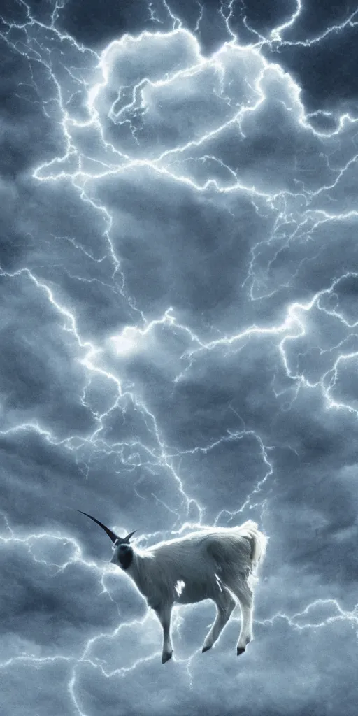 Image similar to a goat with a cobweb between his horns, sky realistic stormcloud with glimpses of flares