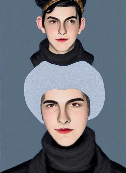 Image similar to portrait of teenage jughead jones wearing a light grey crown, crown, blue turtleneck, 1 9 5 0 s, closed eyes, photorealistic, black hair, glowing lighting, intricate, elegant, glowing lights, highly detailed, digital painting, artstation, concept art, smooth, sharp focus, illustration, art by wlop, mars ravelo and greg rutkowski