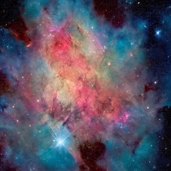 Prompt: Carina nebula as seen in the night sky of a distant alien planet with mountain surface, NASA true color photograph, very detailed, 8k resolution