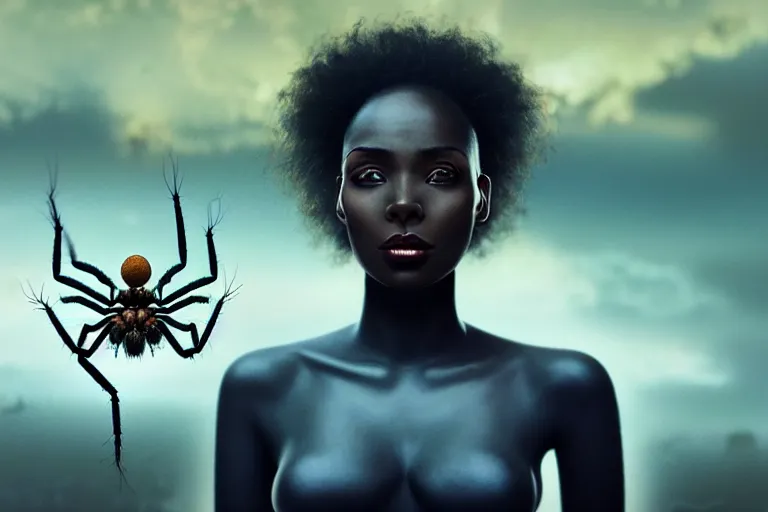 Prompt: realistic detailed photorealistic film portrait shot of a beautiful black woman with a giant spider, sci - fi city landscape background by denis villeneuve, amano, yves tanguy, alphonse mucha, ernst haeckel, andrei tarkovsky, edward robert hughes, roger dean, necklace, dynamic pose, rich moody colours, wide angle, blue eyes