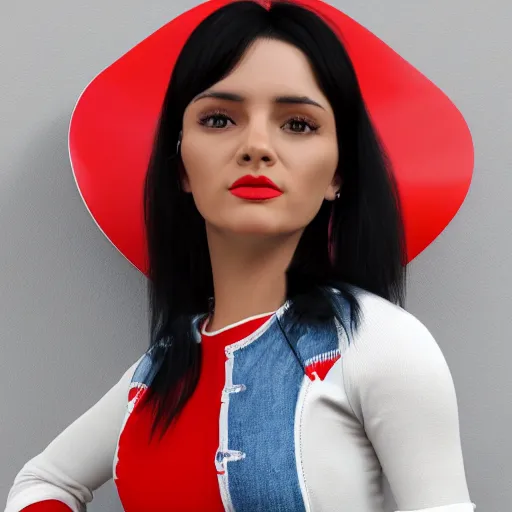 Prompt: 3 d octane render character design of a latina cute girl using tight white and red raglan sleeves with tight blue jeans and cool shoes, having silky long black hair with bangs