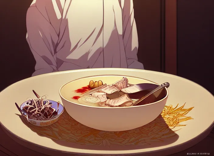 Prompt: a film still portrait of a bowl with sukiyaki, finely detailed features, closeup at the food, perfect art, at a dinner table, gapmoe yandere grimdark, trending on pixiv fanbox, painted by greg rutkowski makoto shinkai takashi takeuchi studio ghibli, akihiko yoshida