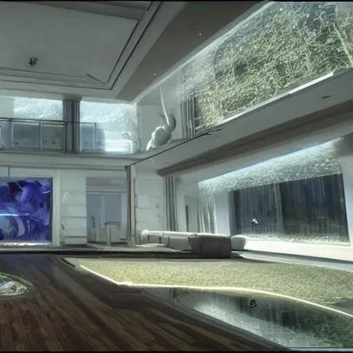 Image similar to video game set inside a beautiful futuristic mansion, mirror's edge, clean, views to the ocean