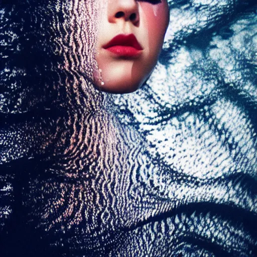 Image similar to beautiful woman in liquid fluid simulation, female upper body, beautiful supermodel, black wave patterns, cinematic light, cinestill, film still, body portrait, geisha, optical illusion, art noveau, female balaclava