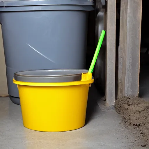 Prompt: slushy made out of grayish brown dirty water, next to a yellow bucket and mop, flash photography
