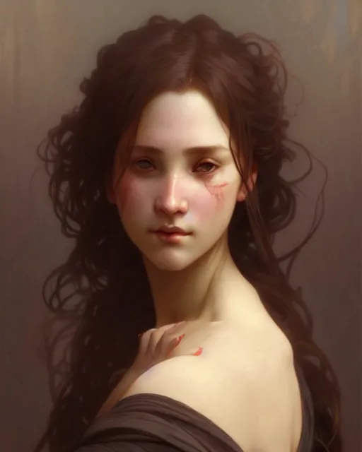 Image similar to a portrait of suffering, concept art, smooth, sharp focus, illustration, art by artgerm and greg rutkowski and alphonse mucha and william - adolphe bouguereau