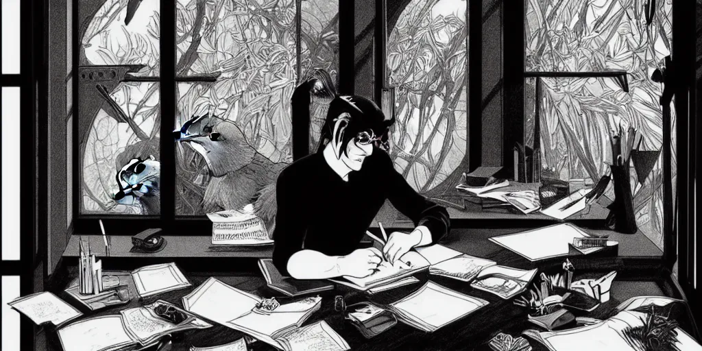Image similar to a scholarly raven is seen writing at his desk. character sheet, character design, contrast, deep focus, turnaround, highly detailed, dramatic lighting, digital painting, artstation, concept art, matte, sharp focus, illustration, elegant, art by artgerm and greg f and alphonse mucha. photo like 1 9 9 4 public access music video.