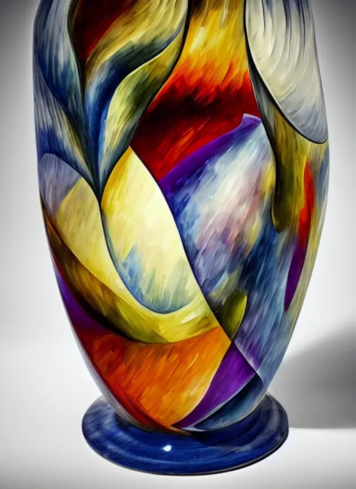 Image similar to Escher inspired vase, designed by Rene Lalique, studio photography on a Leonid Afremov background