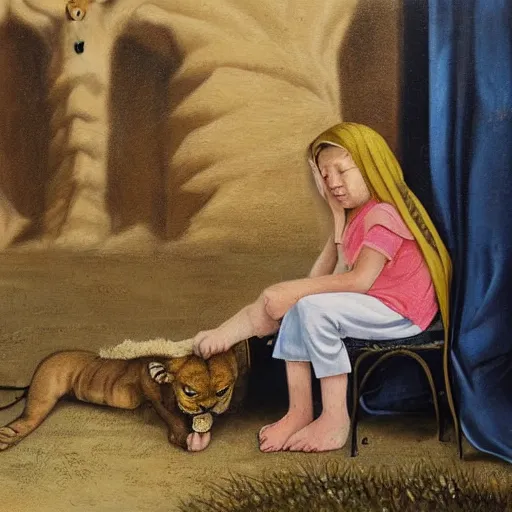 Image similar to a kid hidding under a chair from a lion in a post apolyptical desert, dramatic painting