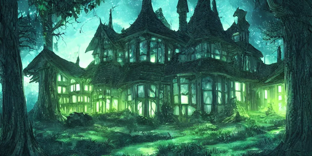 Image similar to manor in the middle of the forest, at night, medieval!!!!, green, dark blue!!!!, bright, artstation, detailled, manga!!!, fantasy!!!!!!