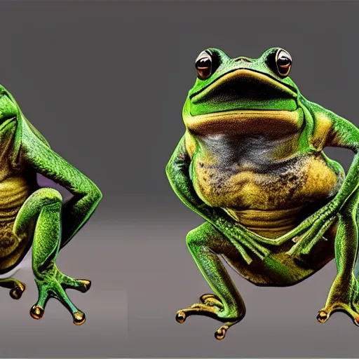 Prompt: concept of angry frogs standing