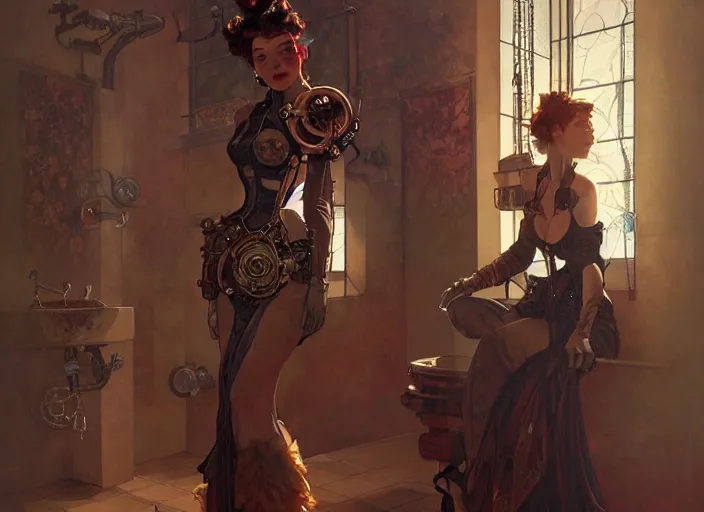 Image similar to woman model, steampunk!!! and modern, rgb, league of legens art, in a bathroom, backlit, elegant, highly detailed, digital painting, artstation, concept art, smooth, sharp focus, illustration, art by krenz cushart and artem demura and alphonse mucha