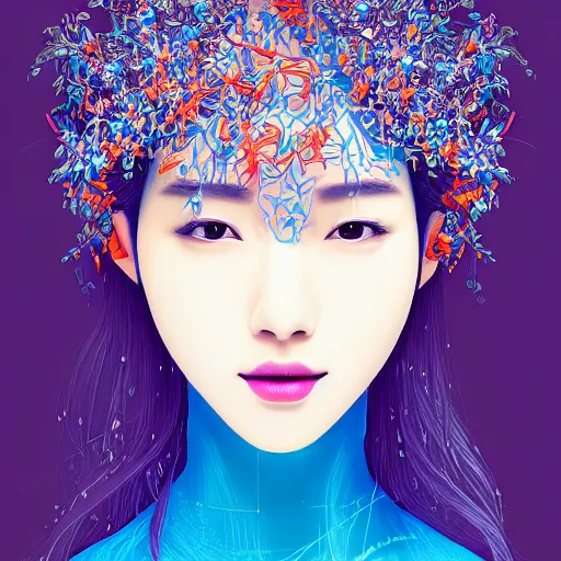 Image similar to the head of an incredibly beautiful and elegant korean woman partially made of carrots and blueberries looking up, an ultrafine detailed illustration by james jean, final fantasy, intricate linework, bright colors, behance contest winner, vanitas, angular, altermodern, unreal engine 5 highly rendered, global illumination, radiant light, detailed and intricate environment