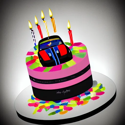 Prompt: A birthday cake with a GT3S as decoration, digital art