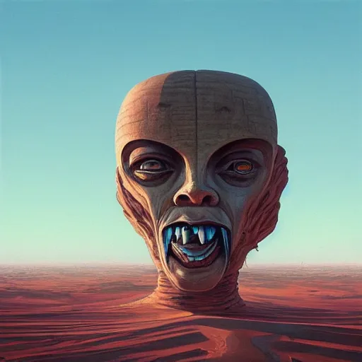 Prompt: beautiful painting of ancient colossal heads towering over wanderers in a desert of salt in the style of Simon Stålenhag and H. R. Giger, detailed, trending on Artstation