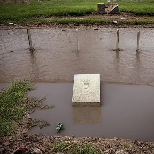 Prompt: The land art shows a grave that has been flooded with water. The grave is located in a cemetery in Italy. The water in the grave is dirty and there is trash floating in it. The grave is surrounded by a fence. by Johannes Voss desaturated